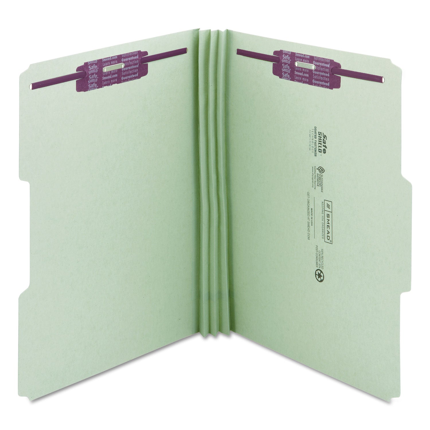 Smead Recycled Pressboard Folders with Two SafeSHIELD Coated Fasteners, 3" Expansion, 1/3-Cut Tabs, Legal Size, Gray-Green, 25/Box