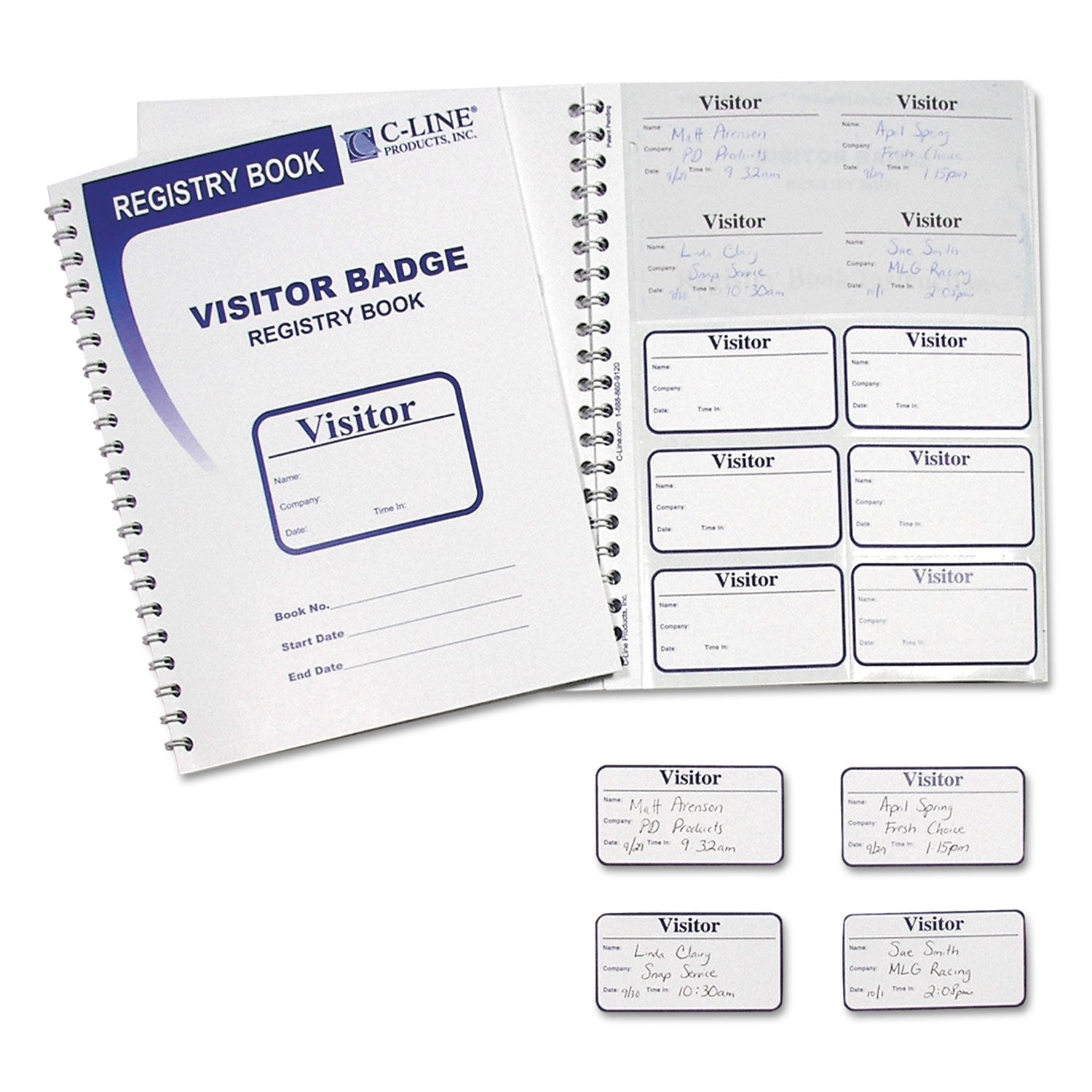 C-Line Visitor Badges with Registry Log, 3 5/8 x 1 7/8, White, 150 Badges/Box