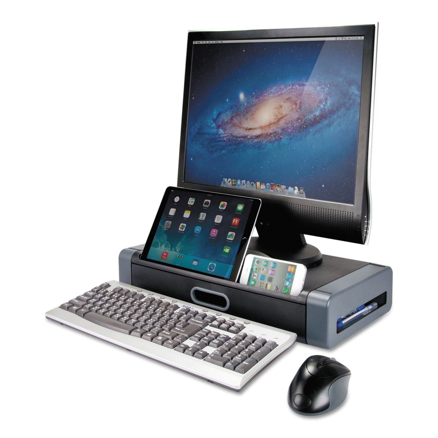 Kantek Monitor Riser, 19" x 11" x 4", Black/Gray, Supports 20 lbs