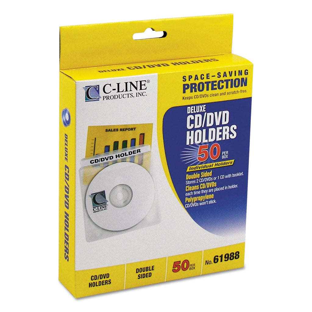 C-Line Deluxe Individual CD/DVD Holders, 2 Disc Capacity, Clear/White, 50/Box