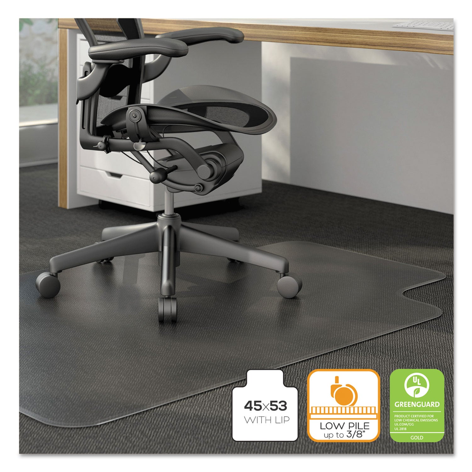 Alera Moderate Use Studded Chair Mat for Low Pile Carpet, 45 x 53, Wide Lipped, Clear