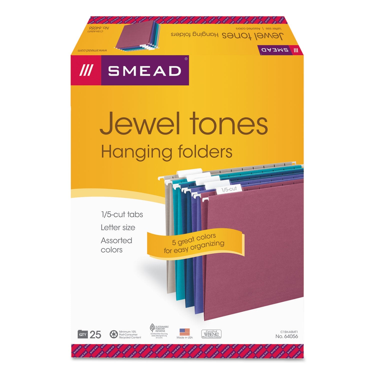 Smead Colored Hanging File Folders with 1/5 Cut Tabs, Letter Size, 1/5-Cut Tabs, Assorted Jewel Tone Colors, 25/Box