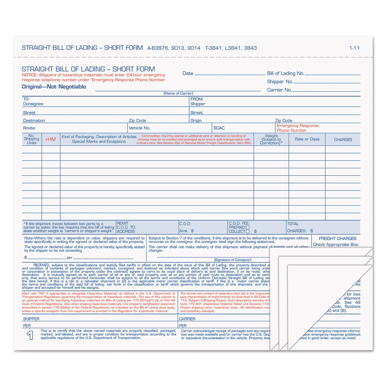 TOPS Hazardous Material Short Form, Four-Part Carbonless, 8.5 x 7, 1/Page, 50 Forms