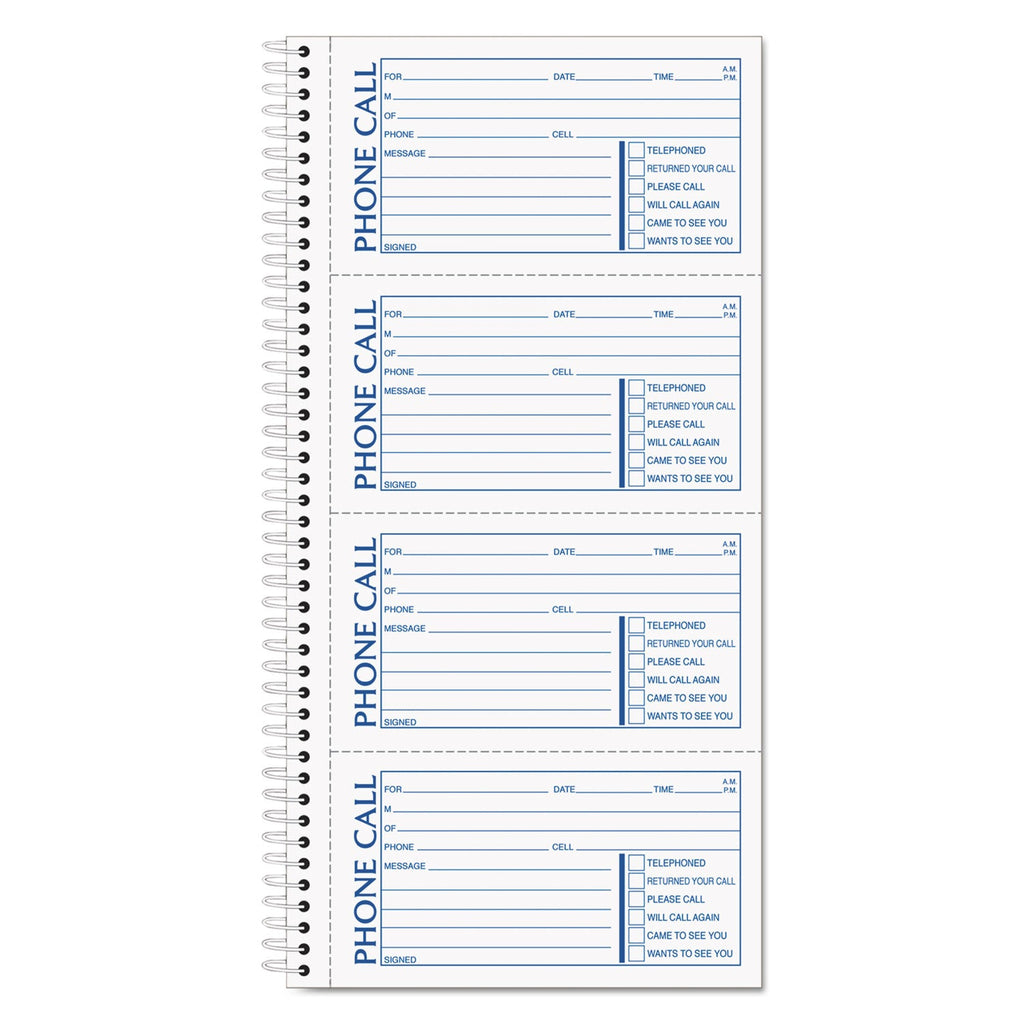 TOPS Spiralbound Message Book, Two-Part Carbonless, 2.75 x 5, 4/Page, 200 Forms