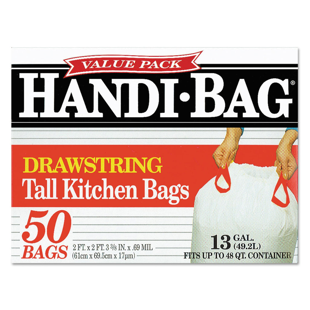 Handi-Bag Drawstring Kitchen Bags, 13 gal, 0.6 mil, 24" x 27.4", White, 50/Box, 6 Boxes/Carton