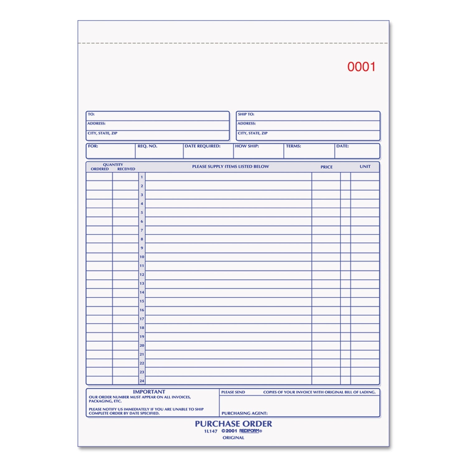 Rediform Purchase Order Book, Three-Part Carbonless, 8.5 x 11, 1/Page, 50 Forms