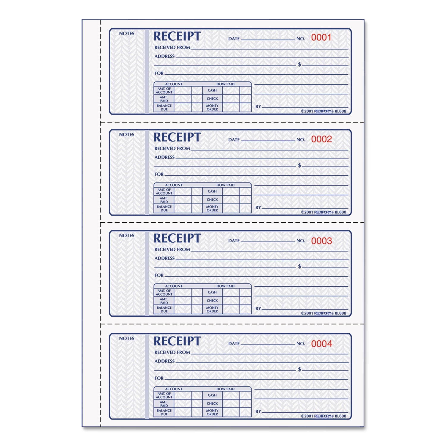Rediform Money Receipt Book, Three-Part Carbonless, 7 x 2.75, 4/Page, 100 Forms