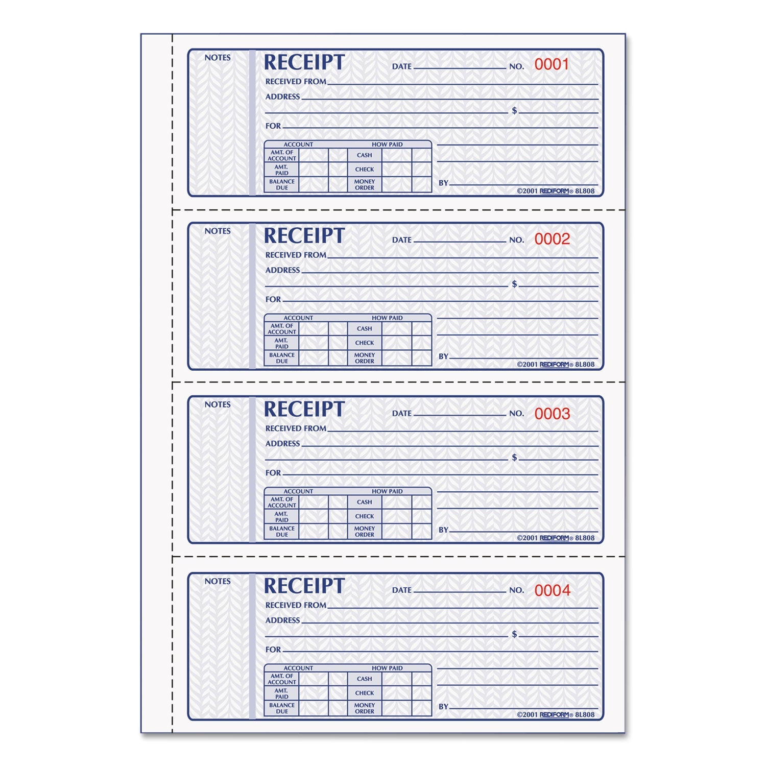 Rediform Money Receipt Book, Three-Part Carbonless, 7 x 2.75, 4/Page, 100 Forms