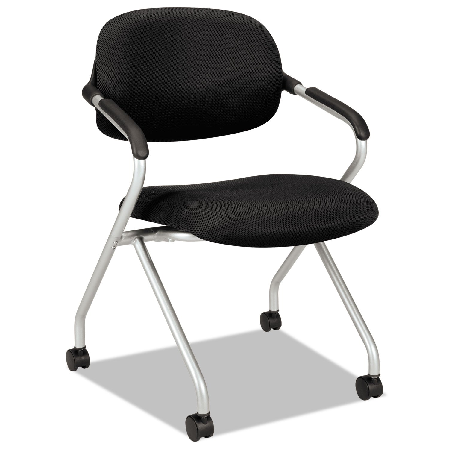 HON HVL303 Nesting Arm Chair, Supports Up to 250 lb, Black Seat/Back, Silver Base