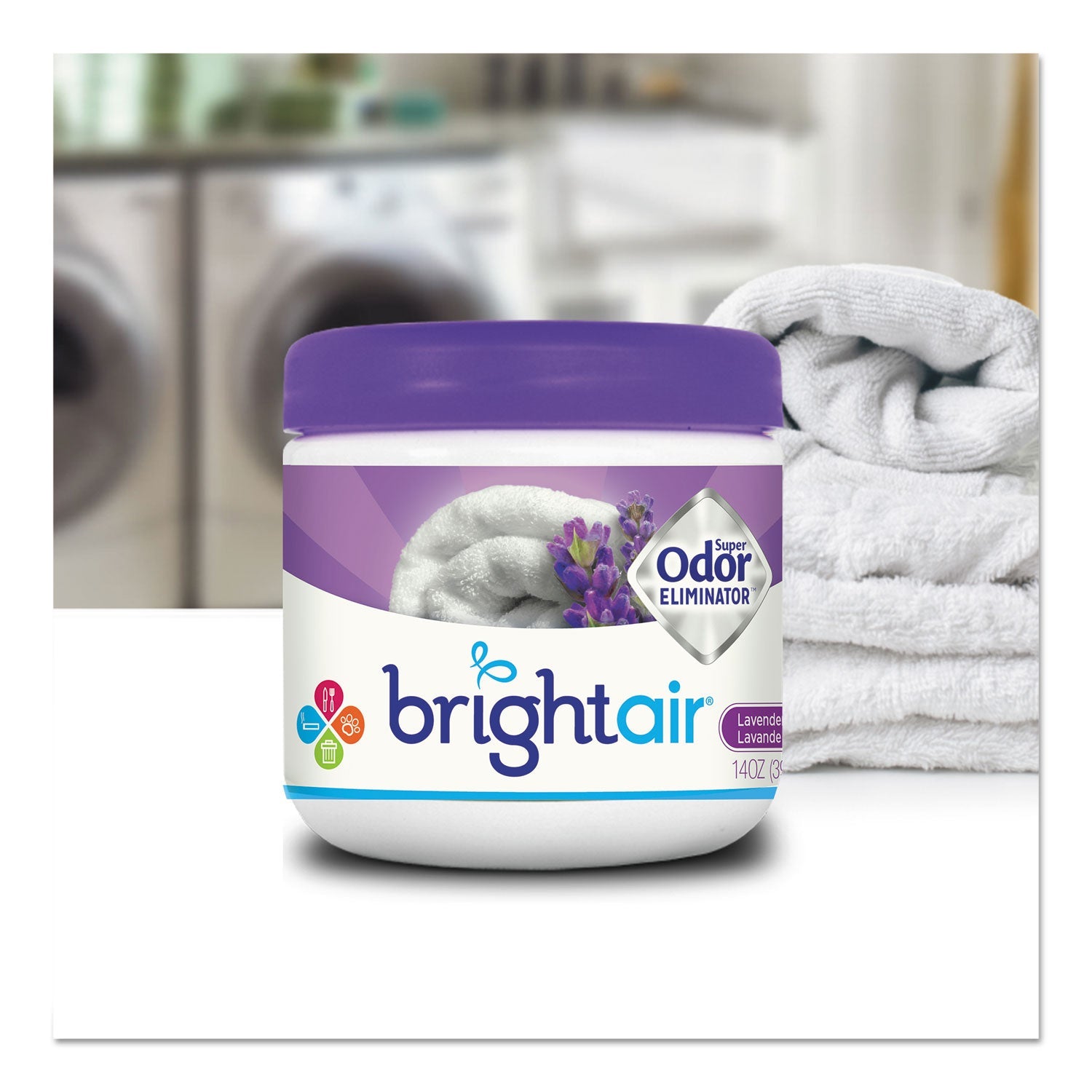 BRIGHT Air Super Odor Eliminator, Lavender and Fresh Linen, Purple, 14 oz Jar, 6/Carton