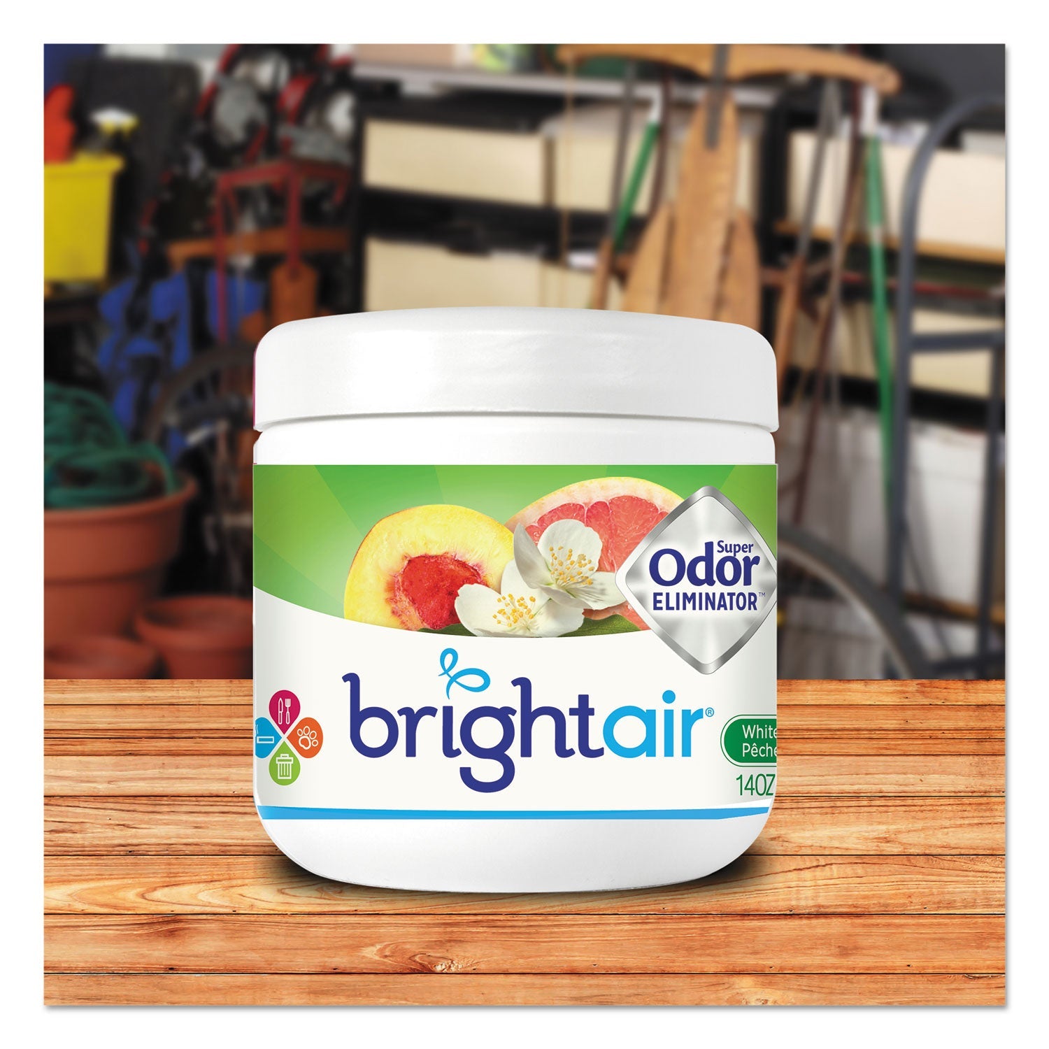 BRIGHT Air Super Odor Eliminator, White Peach and Citrus, 14 oz Jar, 6/Carton