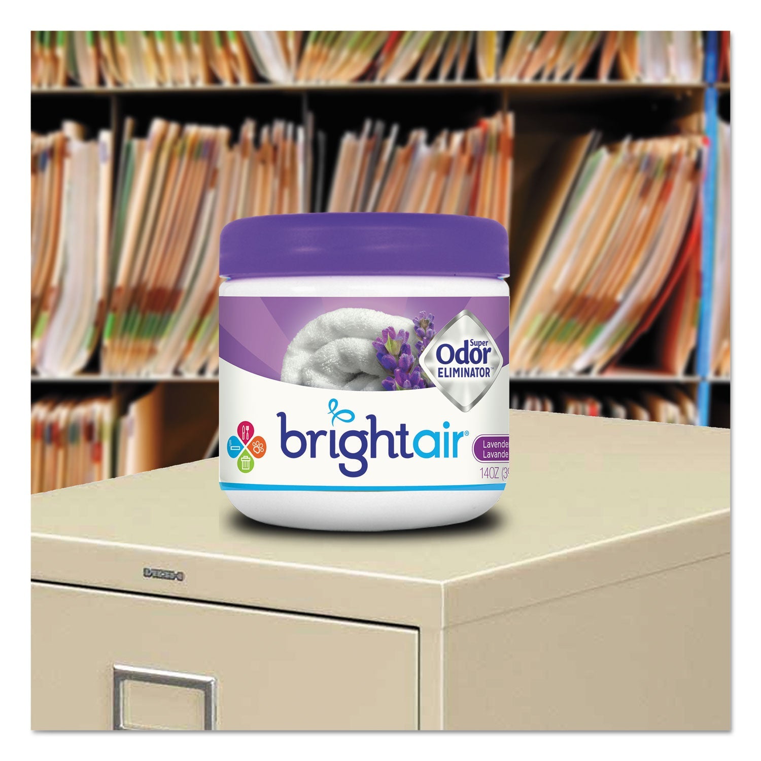 BRIGHT Air Super Odor Eliminator, Lavender and Fresh Linen, Purple, 14 oz Jar, 6/Carton