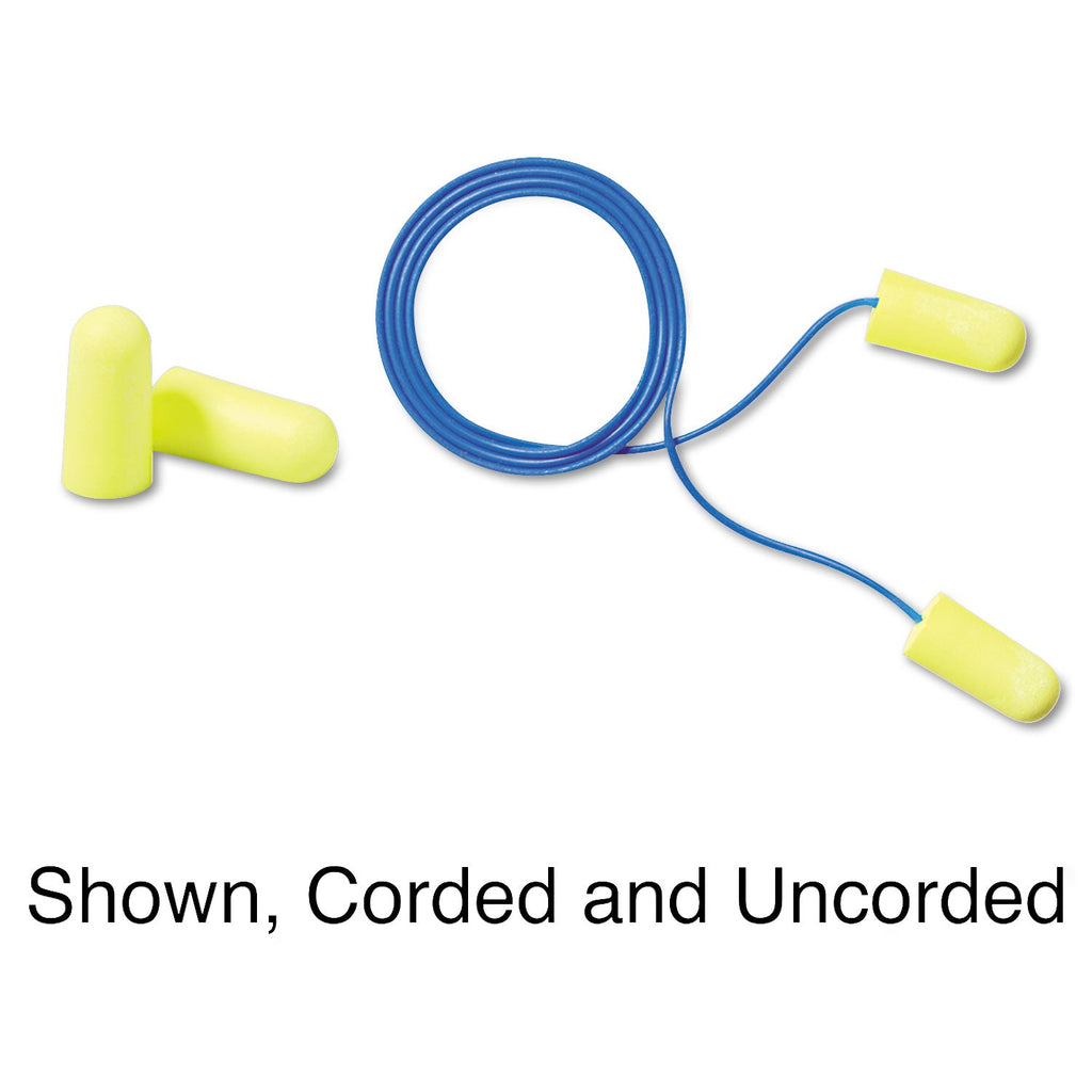 3M E-A-Rsoft Yellow Neon Soft Foam Earplugs, Corded, Regular Size, 200 Pairs/Box