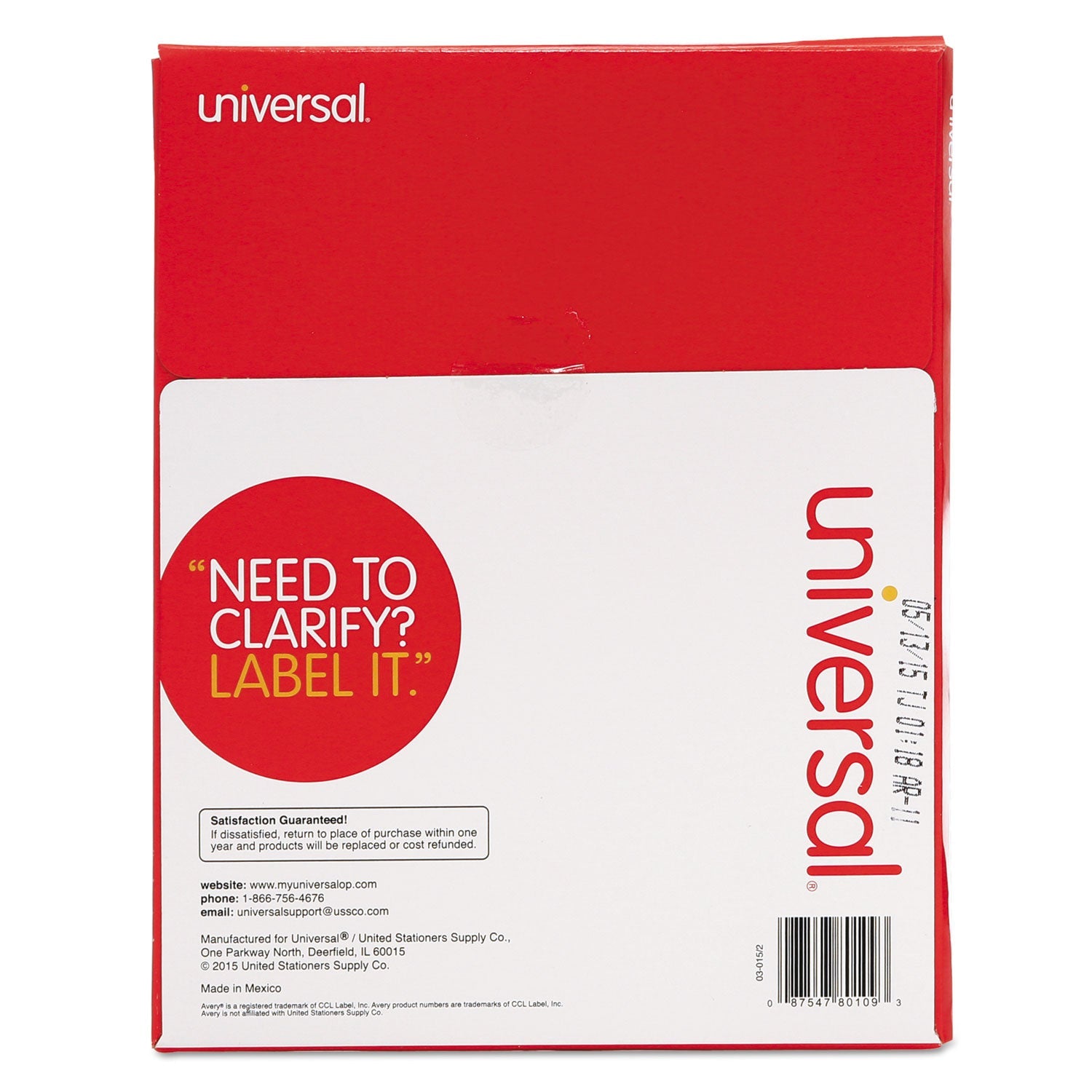 Universal White Labels, Inkjet/Laser Printers, 8.5 x 11, White, 100/Box