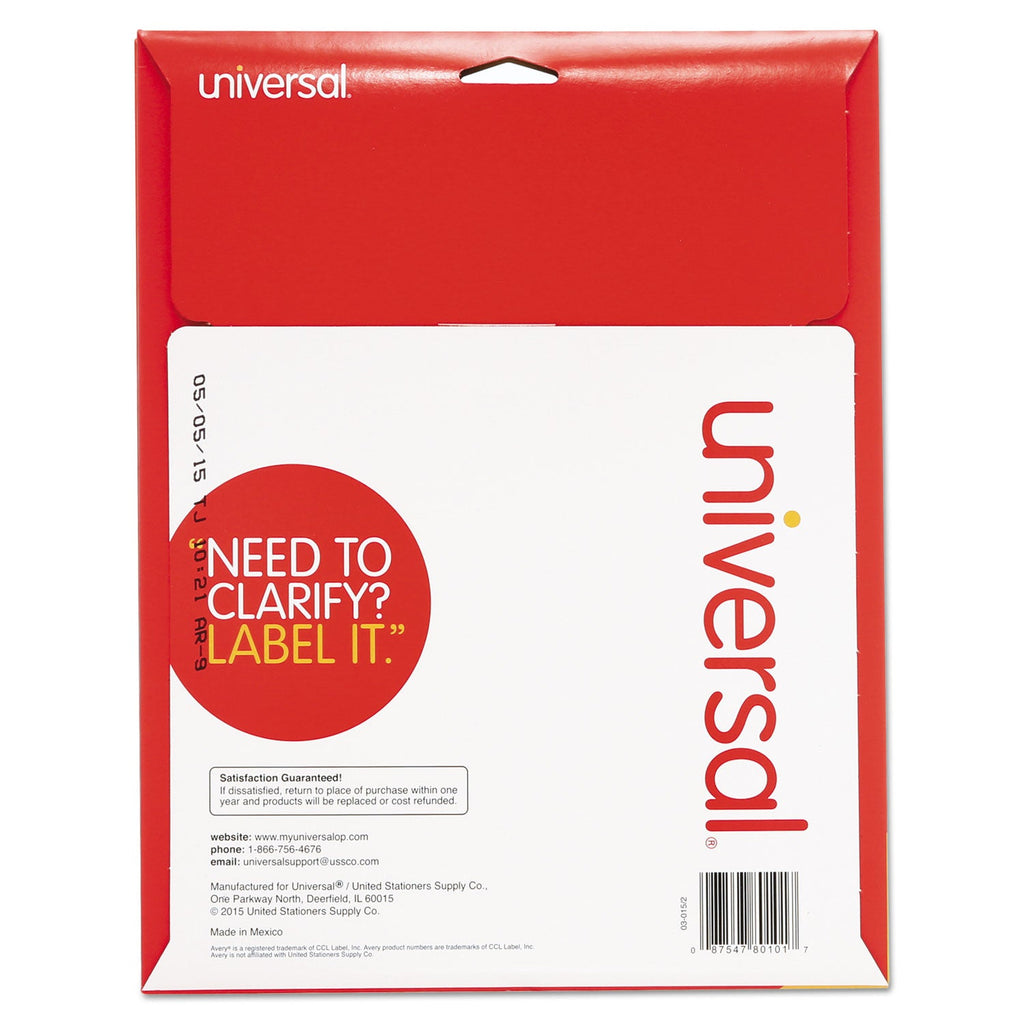 Universal White Labels, Inkjet/Laser Printers, 1 x 2.63, White, 30/Sheet, 25 Sheets/Pack