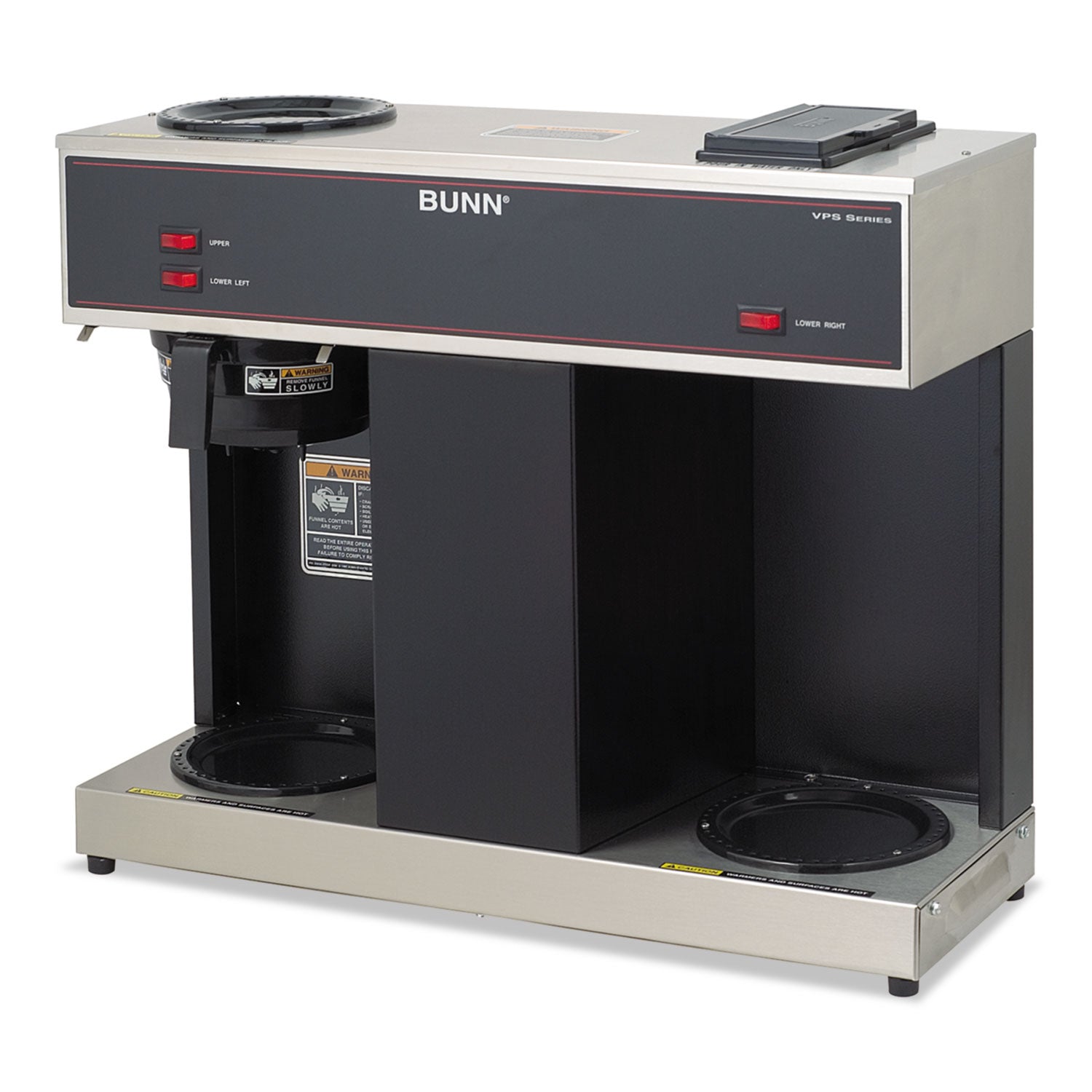 BUNN Pour-O-Matic Three-Burner Pour-Over Coffee Brewer, 12-Cup, Stainless Steel, Black