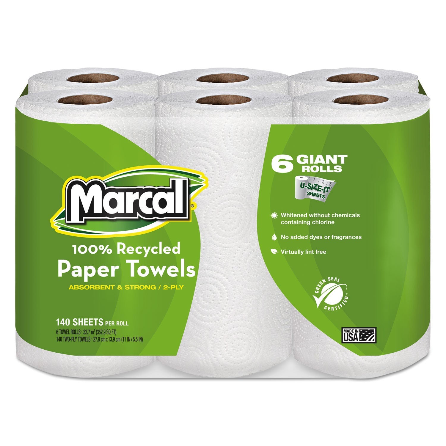 Marcal 100% Premium Recycled Kitchen Roll Towels, 2-Ply, 11 x 5.5, White, 140/Roll, 24 Rolls/Carton