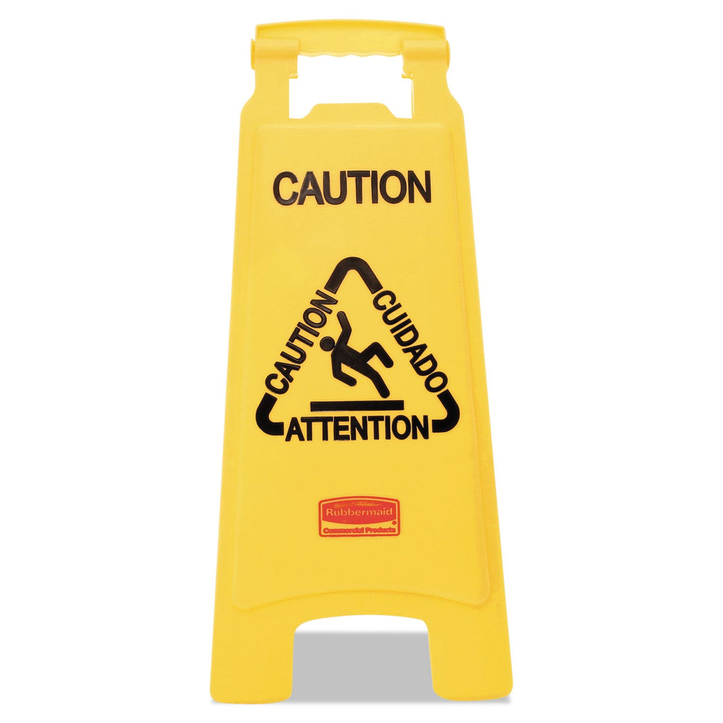 Rubbermaid Multilingual "Caution" Floor Sign,  11 x 12 x 25, Bright Yellow