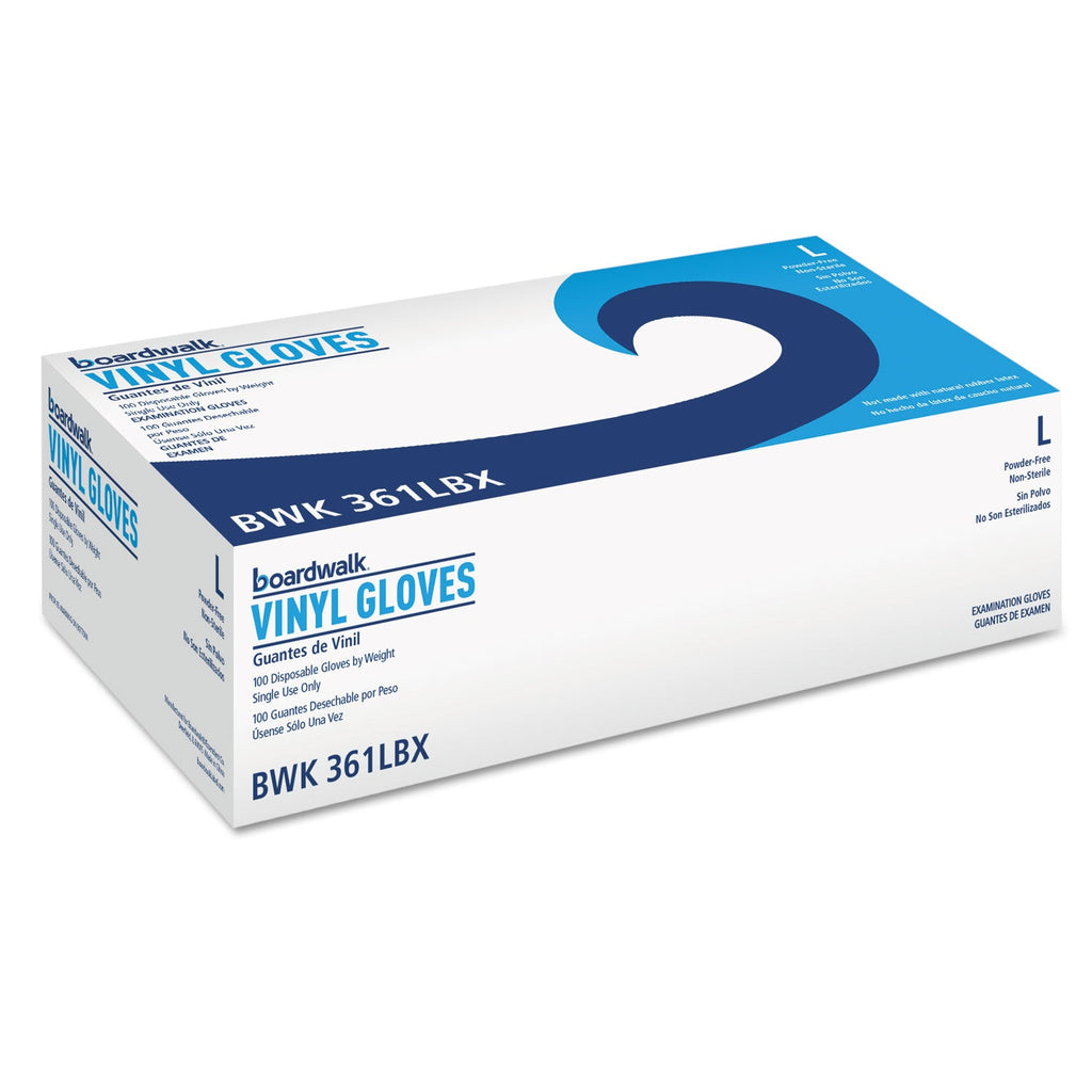 Boardwalk Exam Vinyl Gloves, Powder/Latex-Free, 3 3/5 mil, Clear, Large, 100/Box