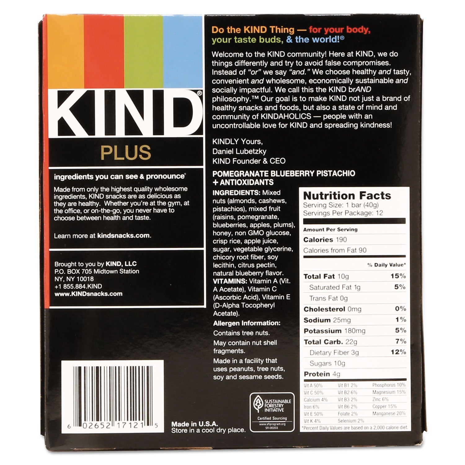 KIND Plus Nutrition Boost Bar, Pom. Blueberry Pistachio/Antioxidants, 1.4 oz, 12/Box