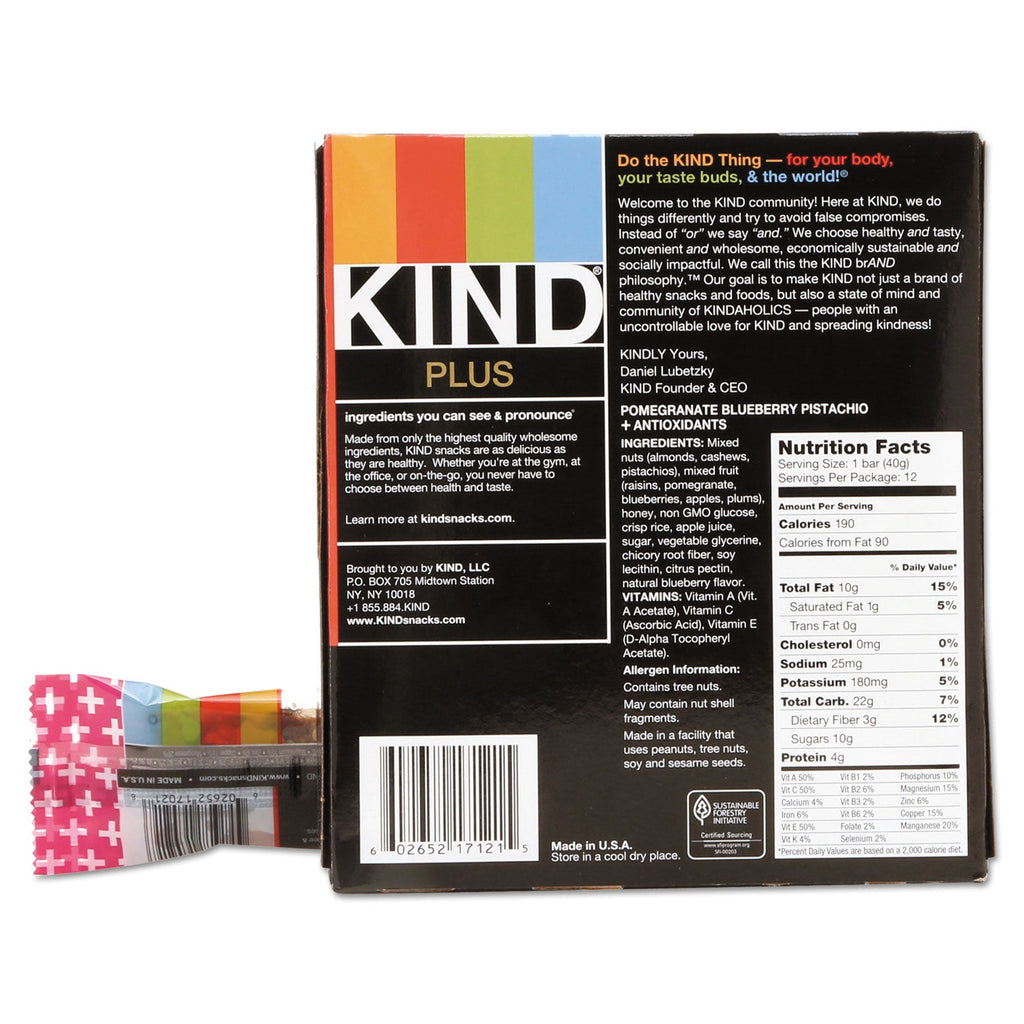 KIND Plus Nutrition Boost Bar, Pom. Blueberry Pistachio/Antioxidants, 1.4 oz, 12/Box