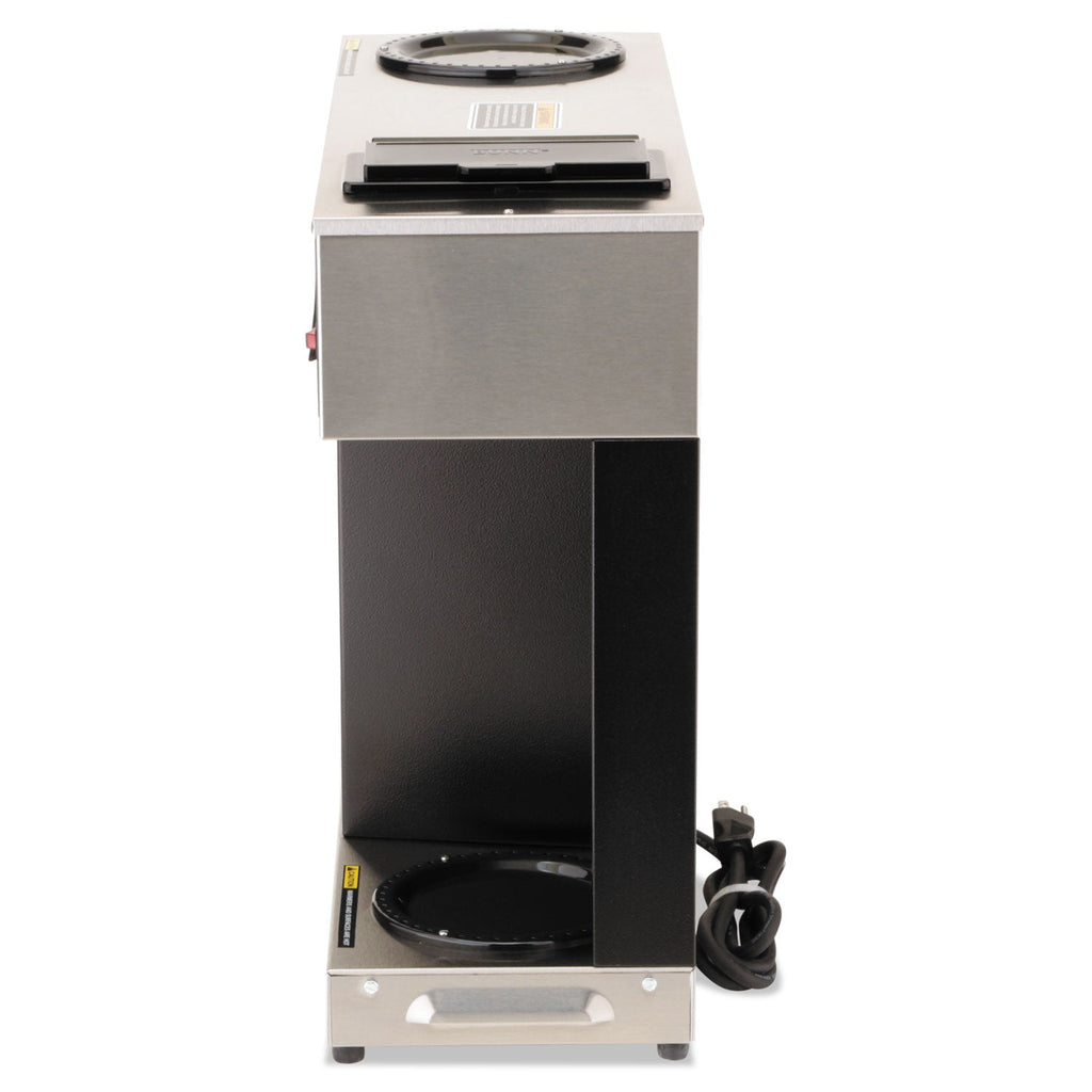 BUNN Pour-O-Matic Three-Burner Pour-Over Coffee Brewer, 12-Cup, Stainless Steel, Black
