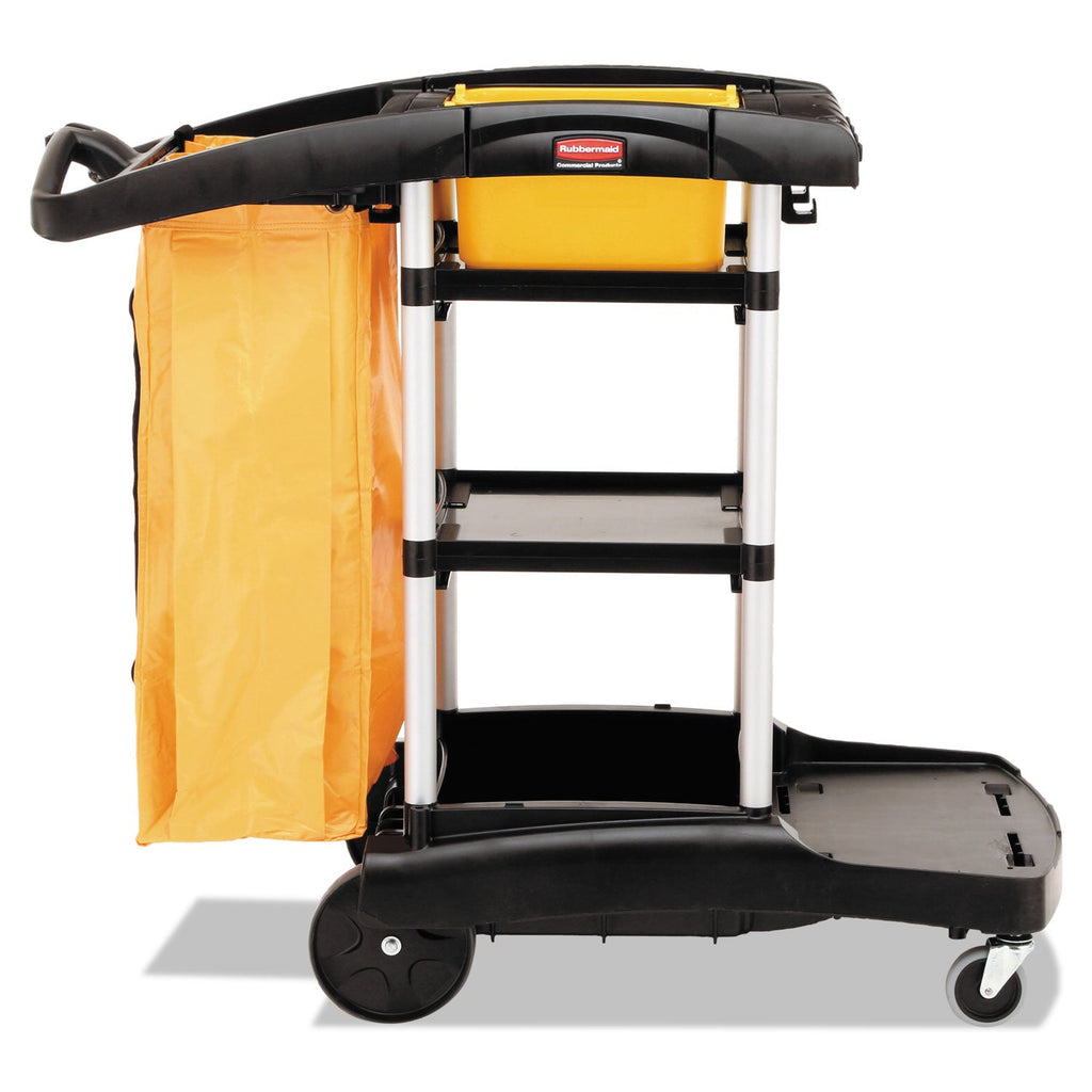 Rubbermaid High Capacity Cleaning Cart, Plastic, 4 Shelves, 2 Bins, 21.75" x 49.75" x 38.38", Black