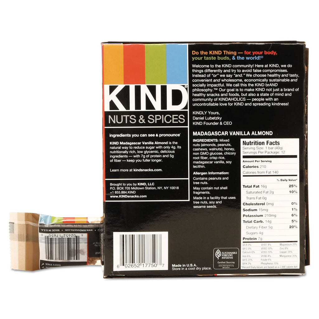 KIND Nuts and Spices Bar, Madagascar Vanilla Almond, 1.4 oz, 12/Box