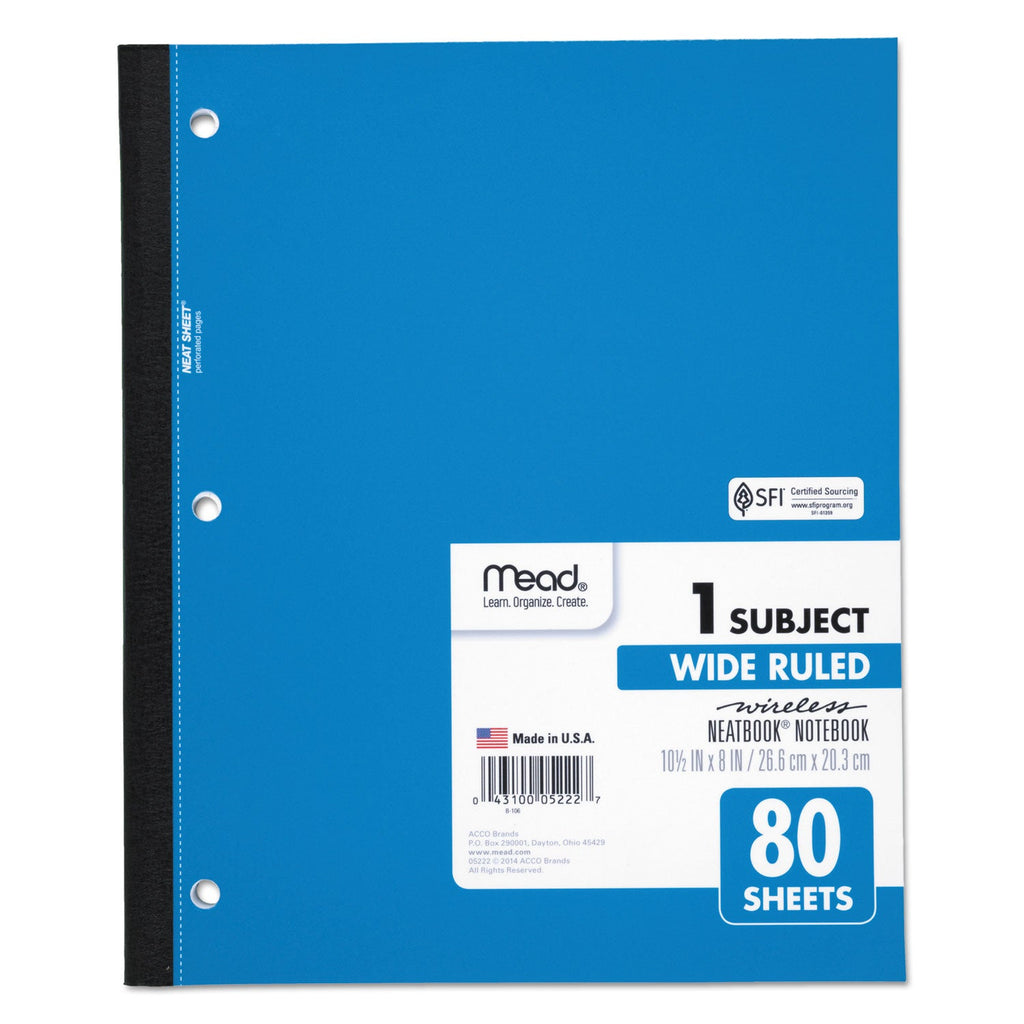 Mead Wireless Neatbook Notebook, 1 Subject, Wide/Legal Rule, Randomly Assorted Covers, 10.5 x 8, 80 Sheets