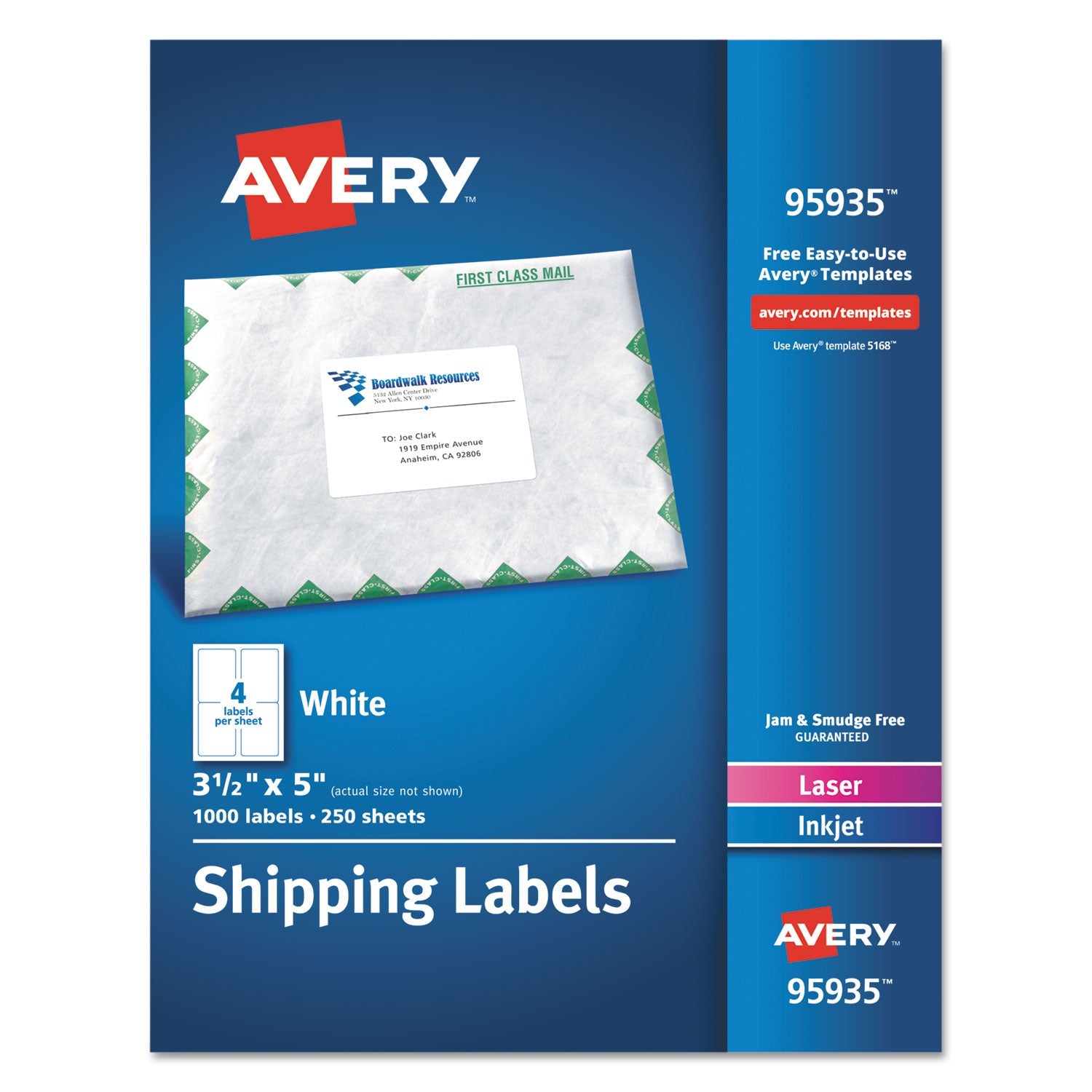 Avery White Shipping Labels-Bulk Packs, Inkjet/Laser Printers, 3.5 x 5, White, 4/Sheet, 250 Sheets/Box