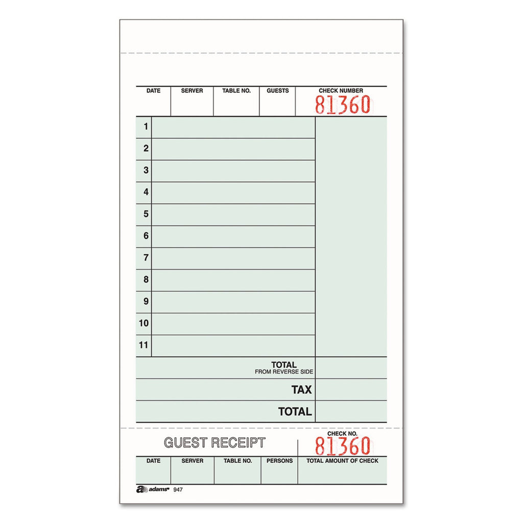 Adams Guest Check Unit Set, Two-Part Carbonless, 6.75 x 4.25, 1/Page, 250/Pack