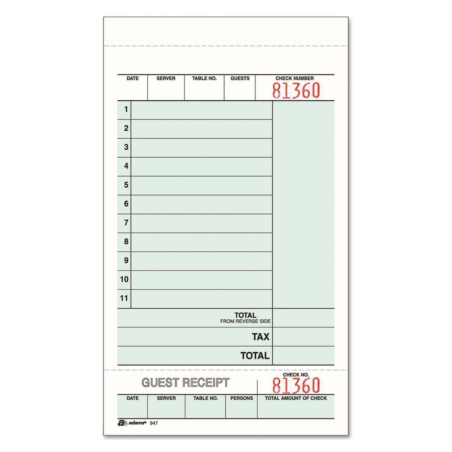 Adams Guest Check Unit Set, Two-Part Carbonless, 6.75 x 4.25, 1/Page, 250/Pack