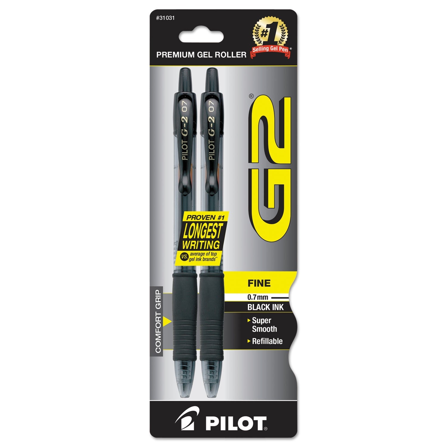 Pilot G2 Premium Gel Pen, Retractable, Fine 0.7 mm, Black Ink, Smoke Barrel, 2/Pack