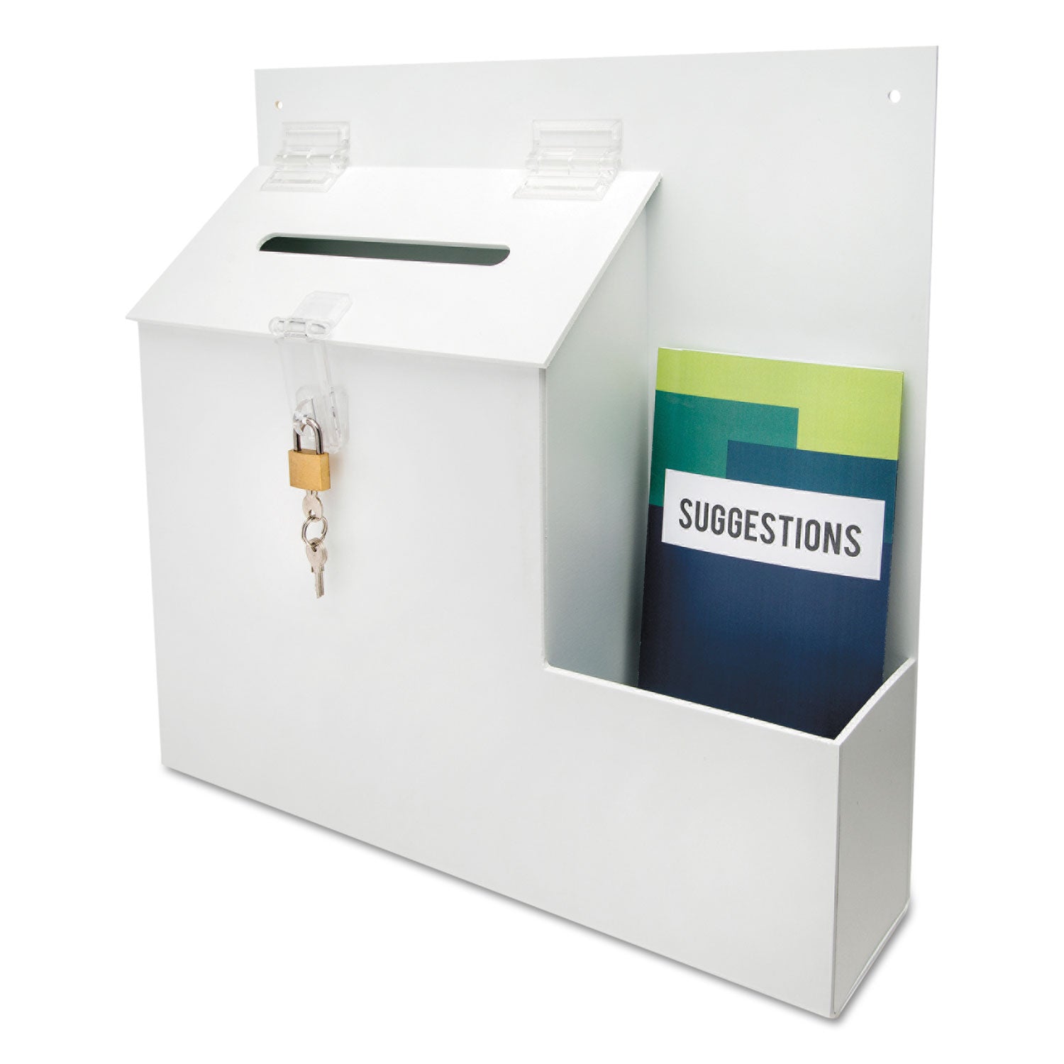 deflecto Suggestion Box Literature Holder with Locking Top, 13.75 x 3.63 x 13.94, Plastic, White