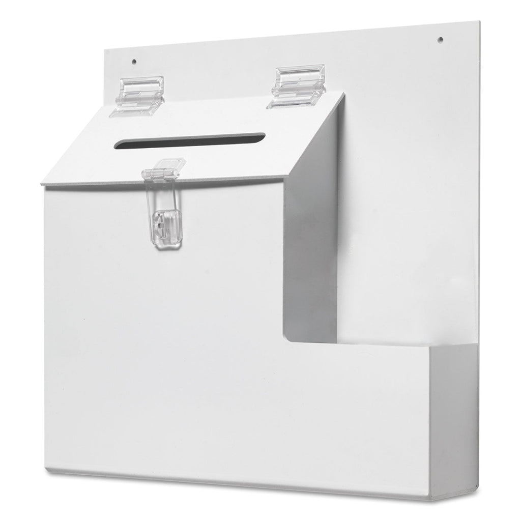 deflecto Suggestion Box Literature Holder with Locking Top, 13.75 x 3.63 x 13.94, Plastic, White