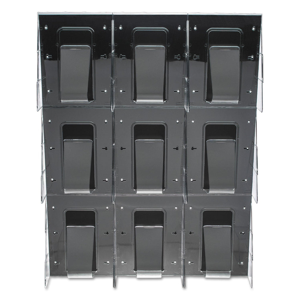 deflecto Stand-Tall 9-Bin Wall-Mount Literature Rack, Mag, 27.5w x 3.38d x 35.63h, Clear/Black