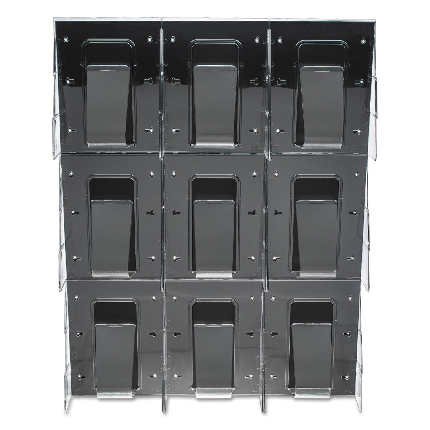 deflecto Stand-Tall 9-Bin Wall-Mount Literature Rack, Mag, 27.5w x 3.38d x 35.63h, Clear/Black