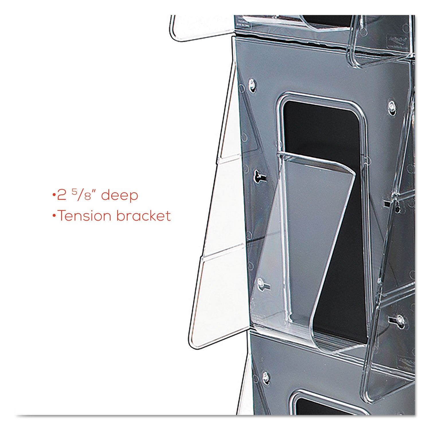 deflecto Stand-Tall 9-Bin Wall-Mount Literature Rack, Mag, 27.5w x 3.38d x 35.63h, Clear/Black