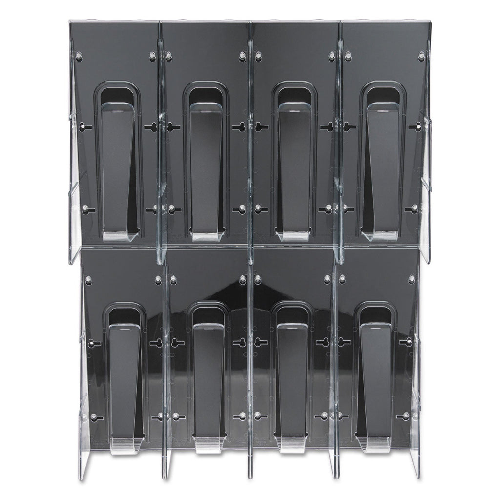 deflecto Stand-Tall 8-Bin Wall-Mount Literature Rack, Leaflet, 18.25w x 3.38d x 23.75h, Clear/Black