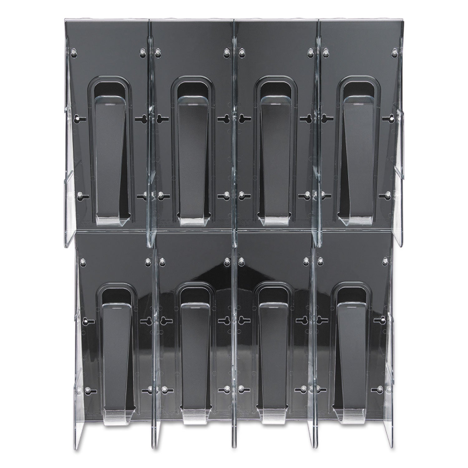 deflecto Stand-Tall 8-Bin Wall-Mount Literature Rack, Leaflet, 18.25w x 3.38d x 23.75h, Clear/Black