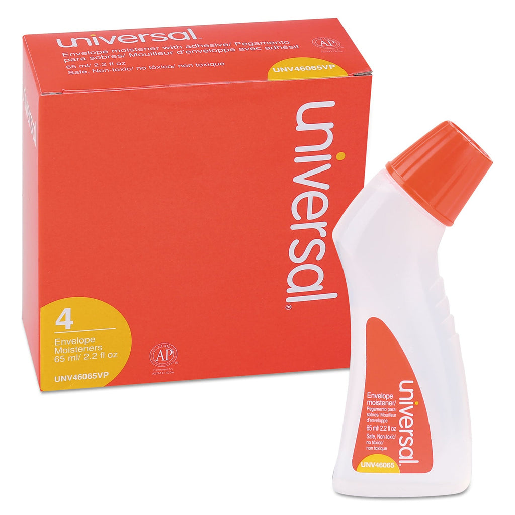 Universal Envelope Moistener with Adhesive, 2.2 oz Bottle, Clear, 4/Pack