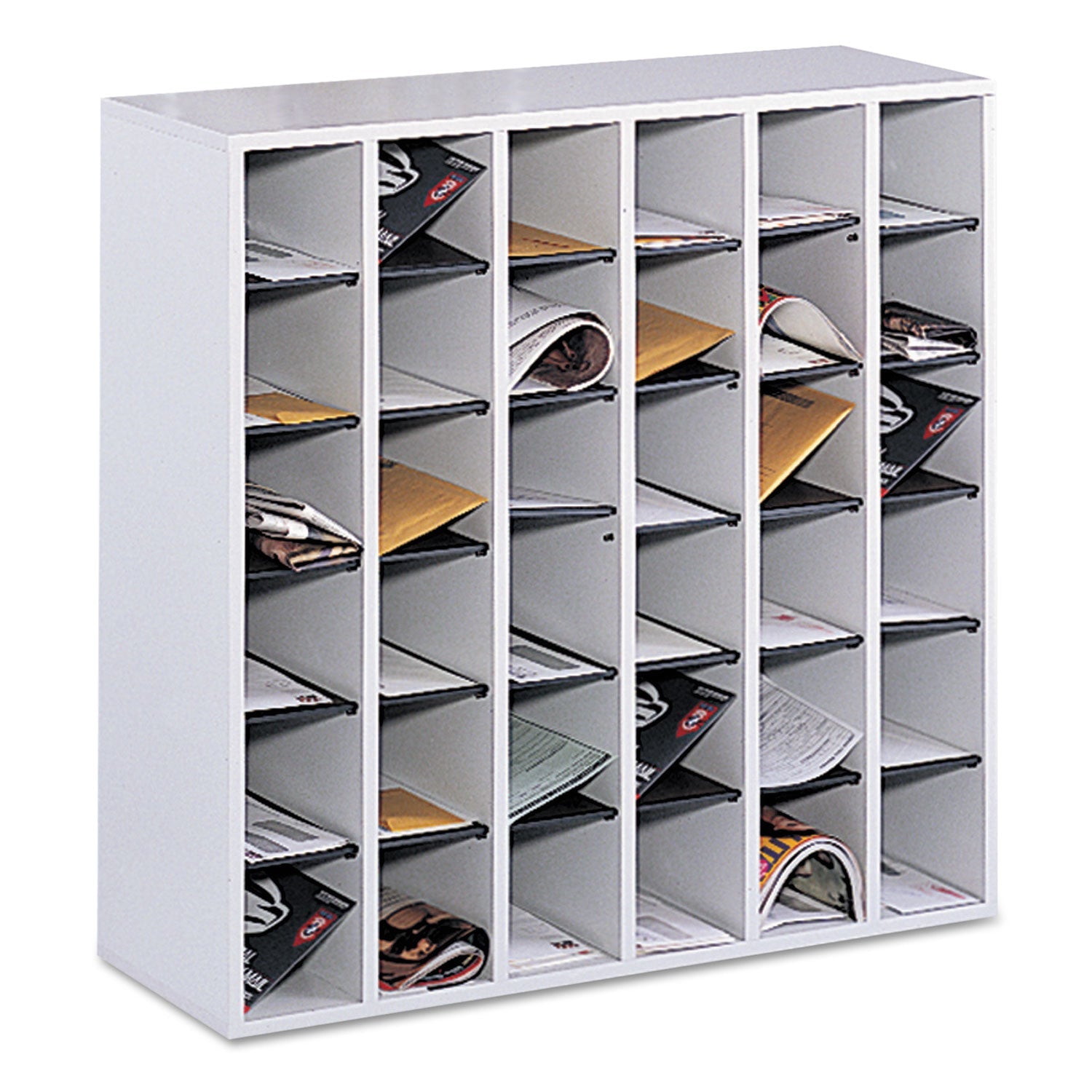Safco Wood Mail Sorter with Adjustable Dividers, Stackable, 36 Compartments, 33.75 x 12 x 32.75, Gray