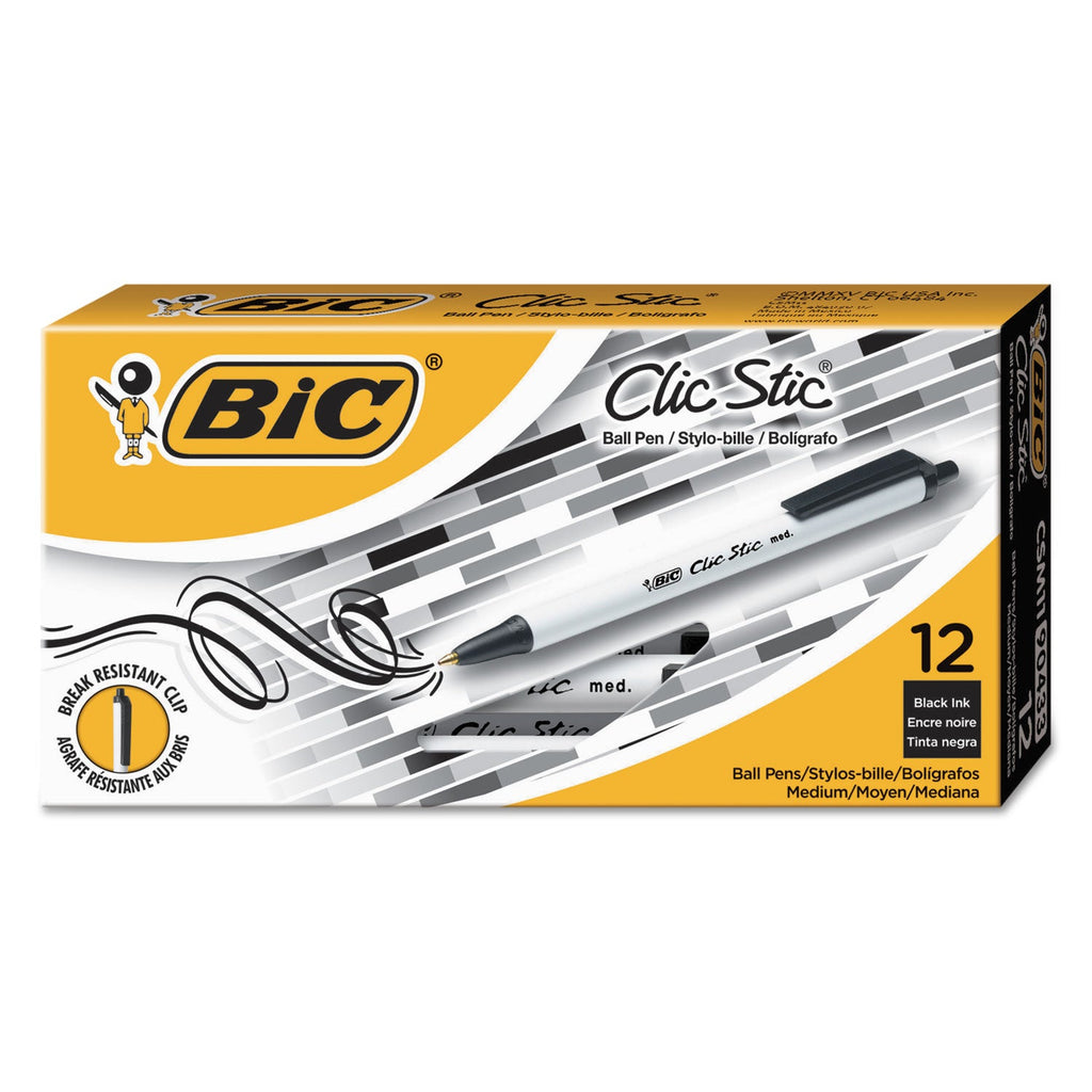 BIC Clic Stic Ballpoint Pen, Retractable, Medium 1 mm, Black Ink, White Barrel, Dozen