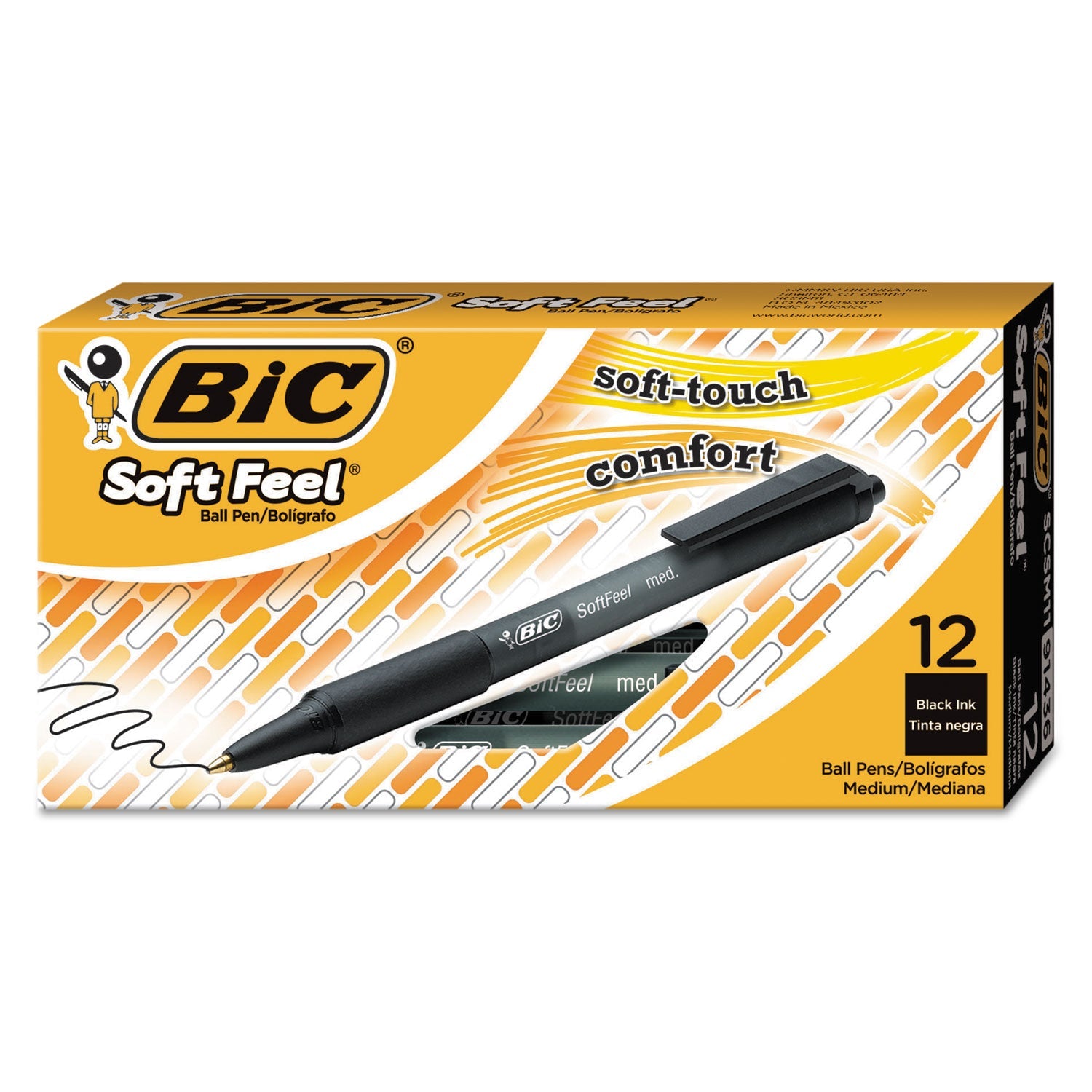 BIC Soft Feel Ballpoint Pen, Retractable, Medium 1 mm, Black Ink, Black Barrel, Dozen