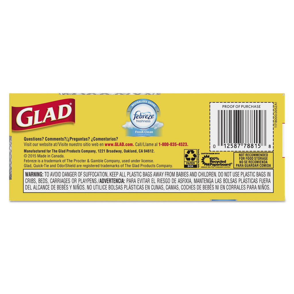 Glad OdorShield Medium Quick-Tie Trash Bags, 8 gal, 0.57 mil, 21.63" x 23", White, 156/Carton