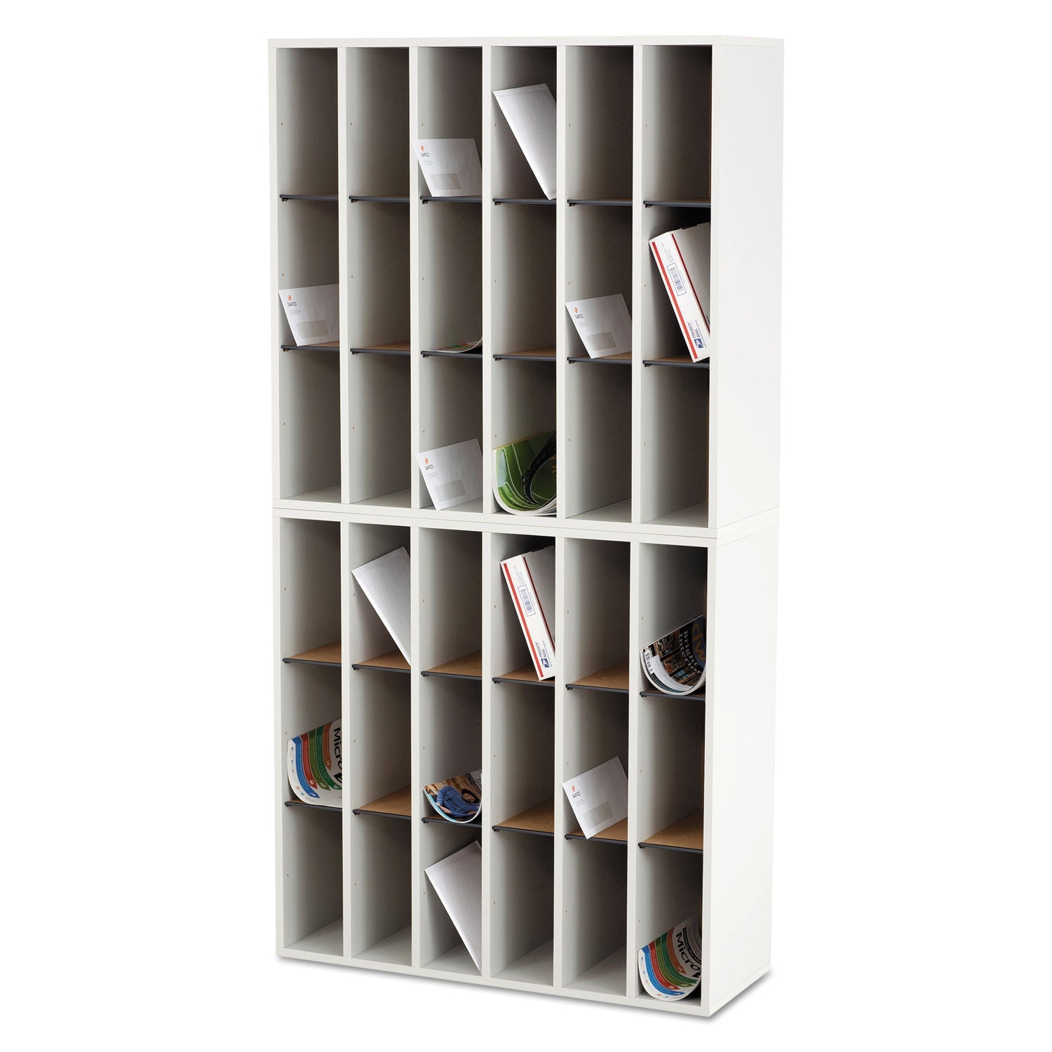 Safco Wood Mail Sorter with Adjustable Dividers, Stackable, 18 Compartments, 33.75 x 12 x 32.75, Gray