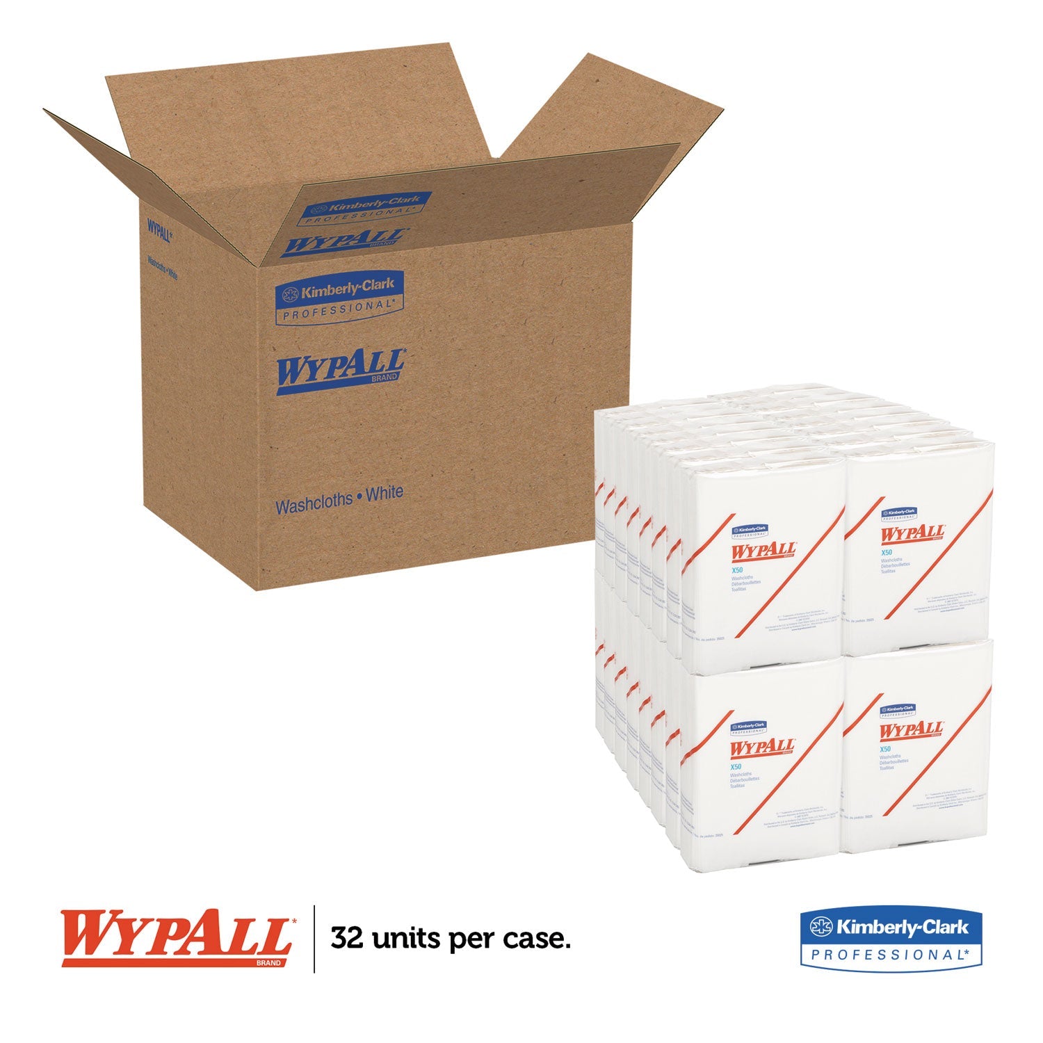 WypAll X50 Cloths, 1/4 Fold, 12.5 x 10, White, 26/Pack, 32 Packs/Carton