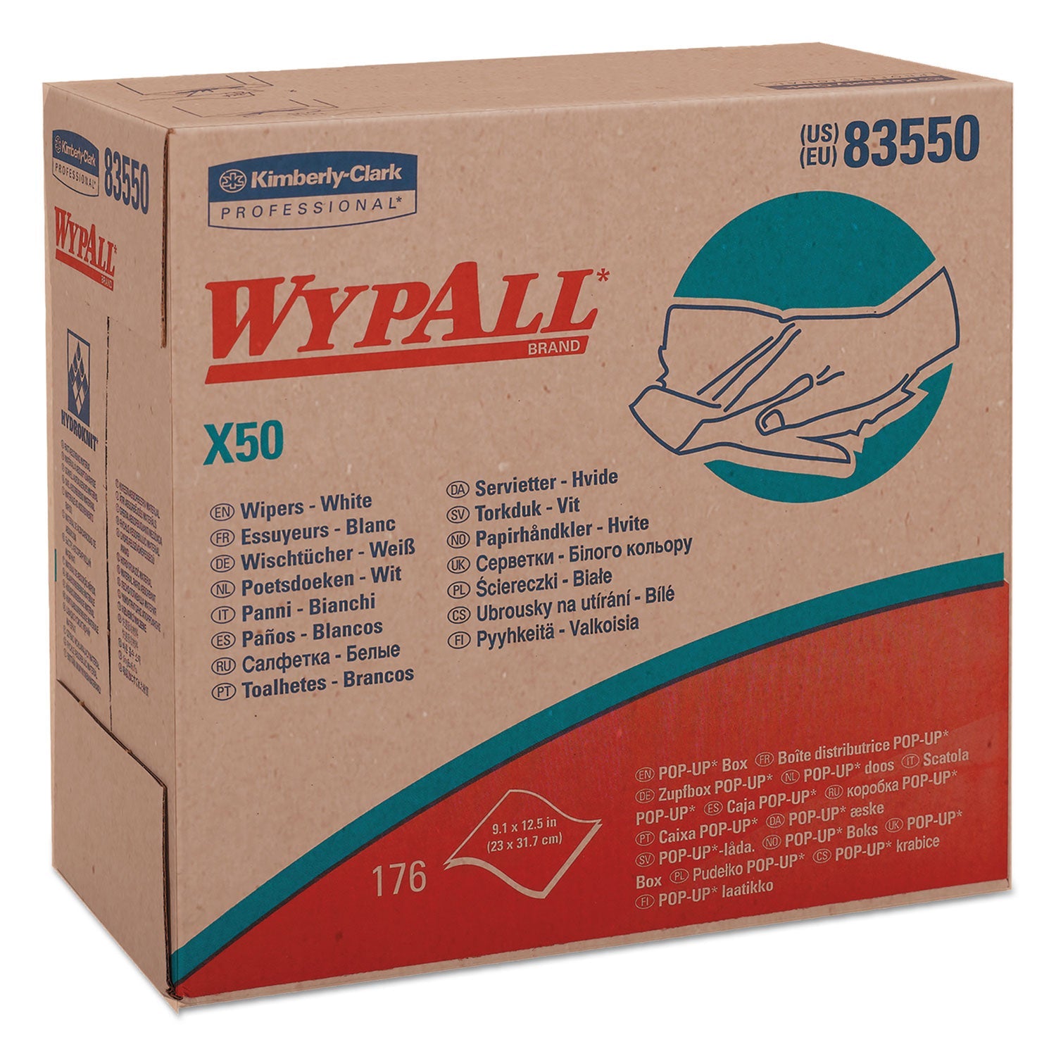 WypAll X50 Cloths, POP-UP Box, 12.5 x 9.1, White, 176/Box, 10 Boxes/Carton