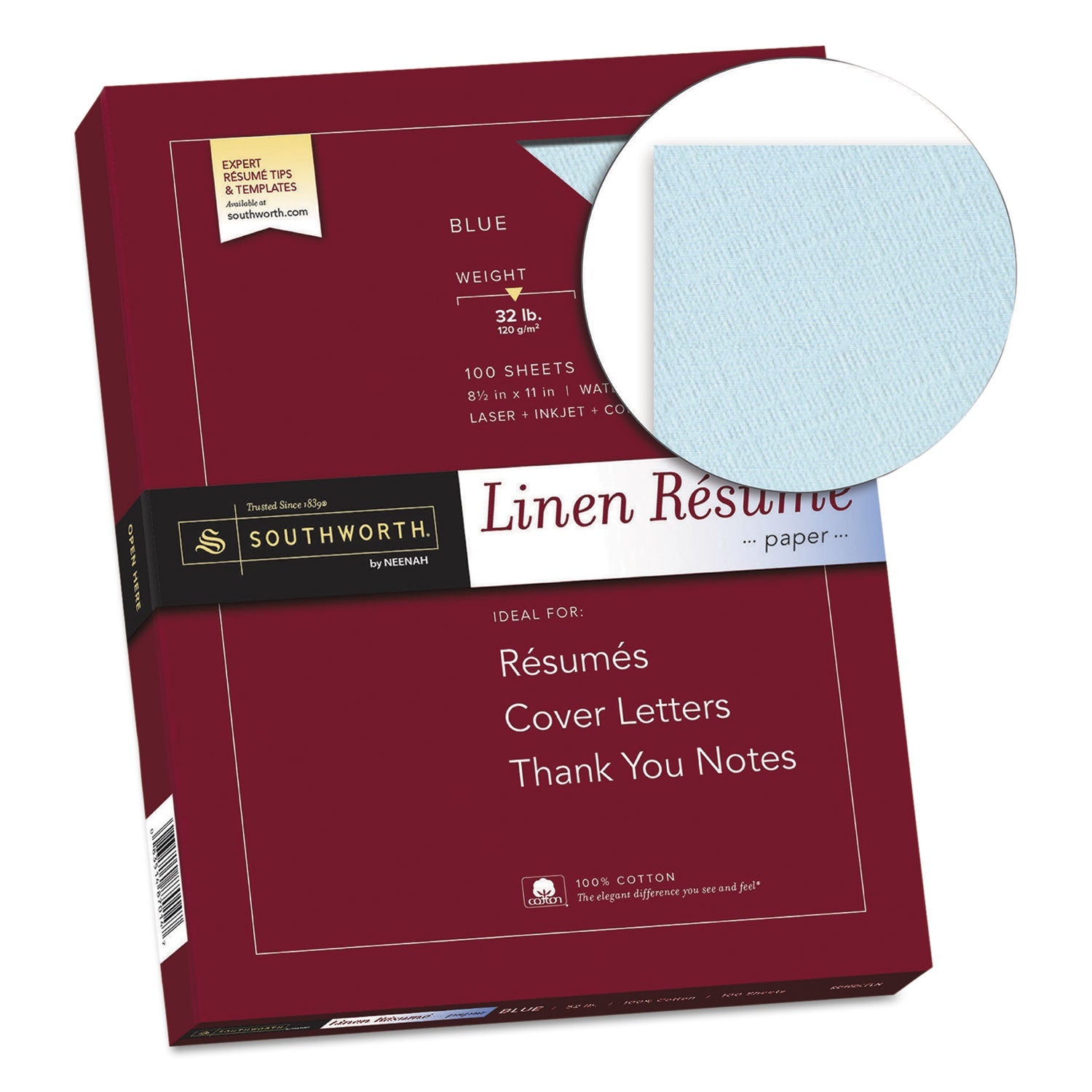 Southworth 100% Cotton Premium Weight Linen Resume Paper, 32 lb Bond Weight, 8.5 x 11, Blue, 100/Pack
