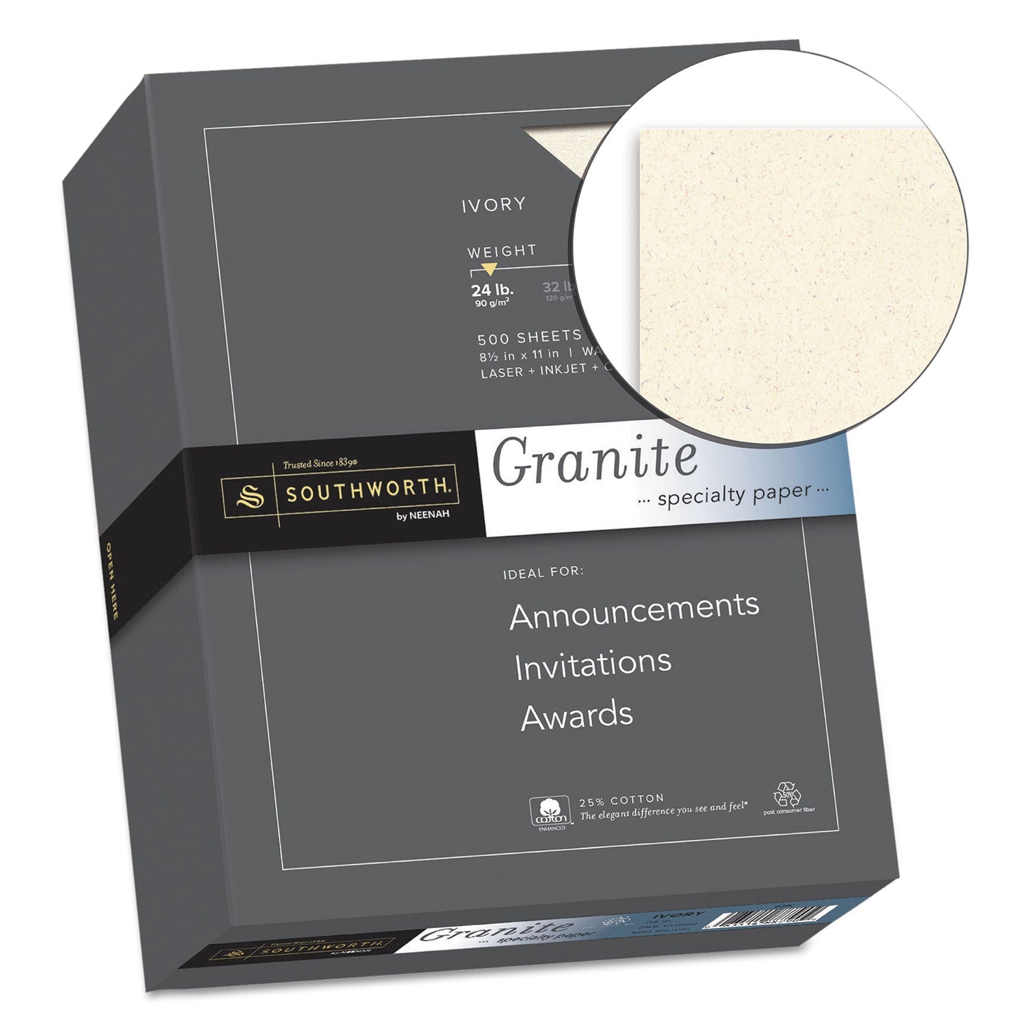 Southworth Granite Specialty Paper, 24 lb Bond Weight, 8.5 x 11, Ivory, 500/Ream
